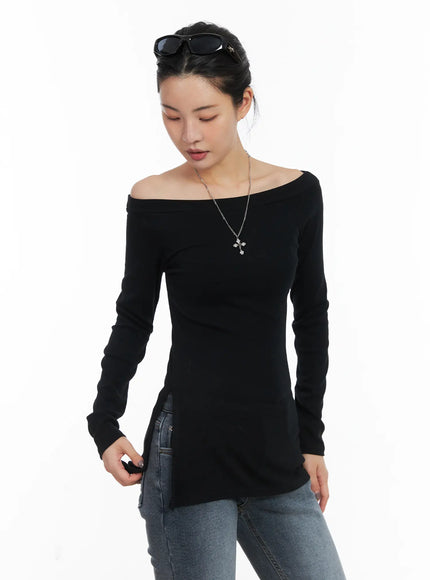Off-Shoulder Slit Long Sleeve Top CD509