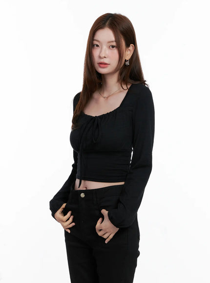 Long Sleeve Shirred Ribbon Crop Top CG521
