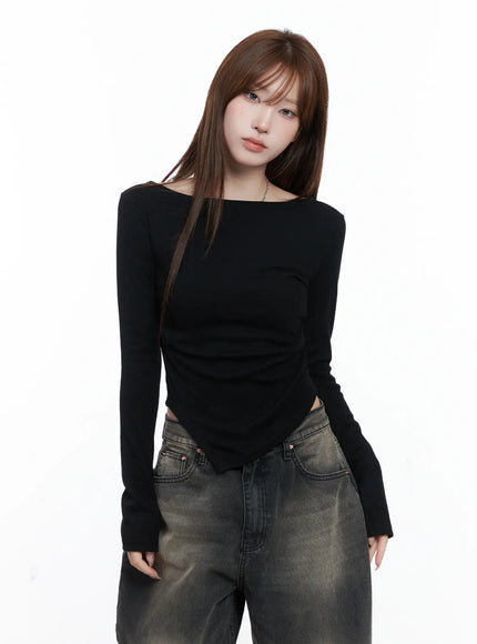 asymmetric-hem-long-sleeve-top-cg529 / Black