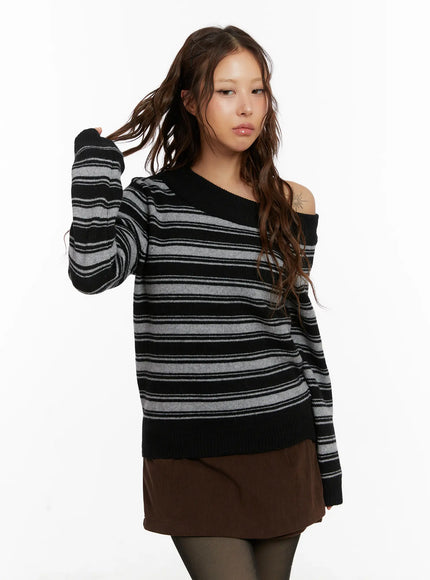 striped-off-shoulder-knit-sweater-cd517 / Black