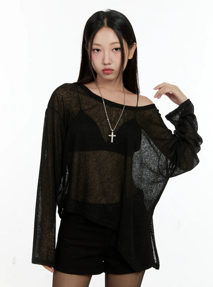 off-shoulder-sheer-long-sleeve-top-cg501 / Black