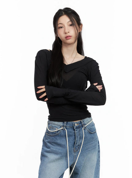 sheer-back-slit-long-sleeve-tee-cu530 / Black