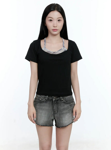 layered-plaid-halter-top-cg501 / Black