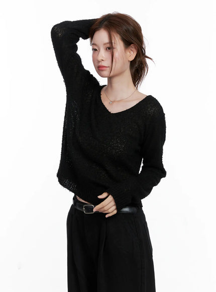 loose-fit-v-neck-knit-sweater-cg521 / Black