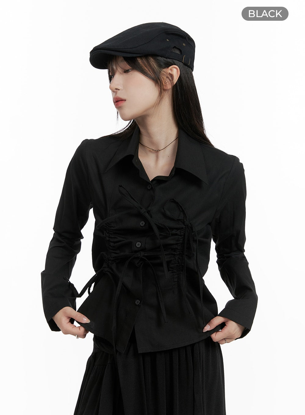 tie-shirred-crop-shirt-ca404 / Black