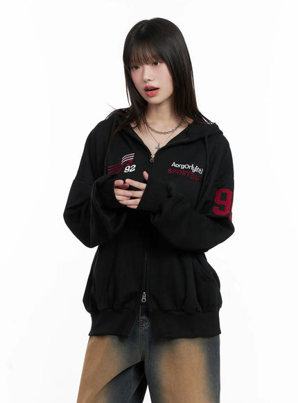 oversized-graphic-zip-up-hoodie-cg519 / Black