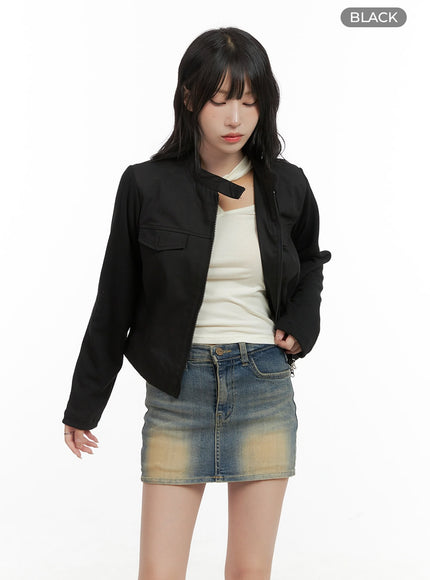 pocket-zip-up-solid-jacket-cg421 / Black