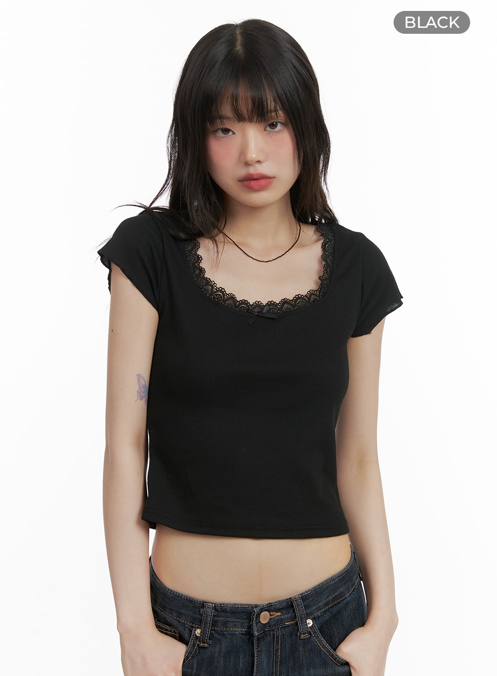 square-neck-lace-trim-crop-top-ca412 / Black