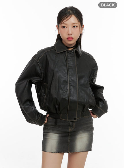 zip-up-faux-leather-crop-jacket-cs405 / Black