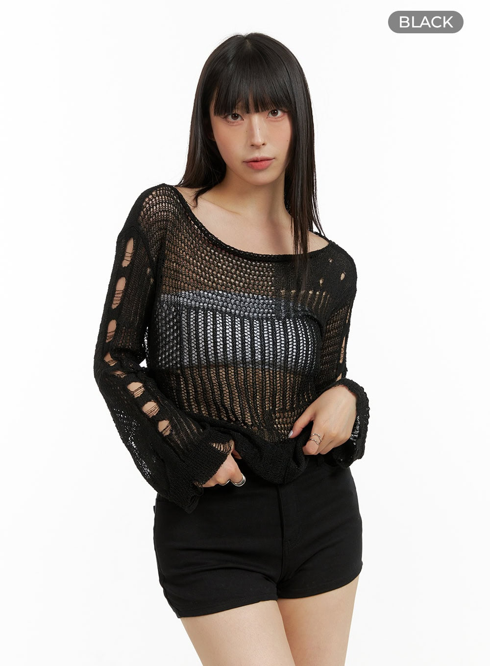 destroyed-crochet-knit-sweater-cu425 / Black