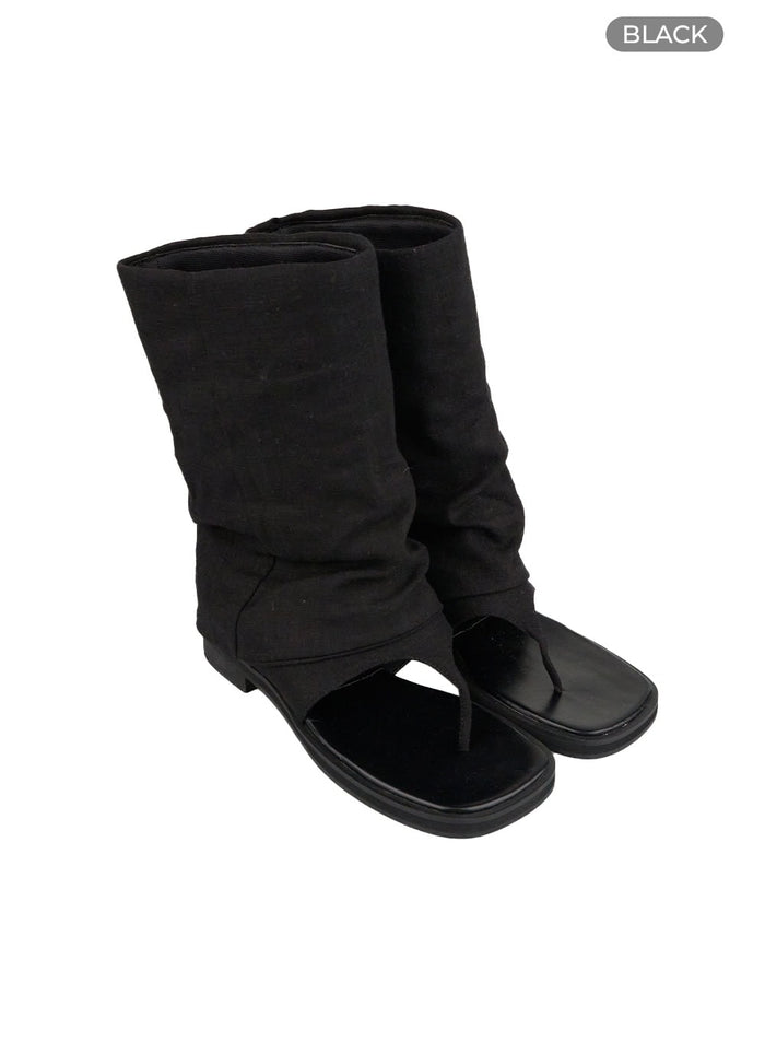 linen-open-toe-midi-boots-cl410 / Black