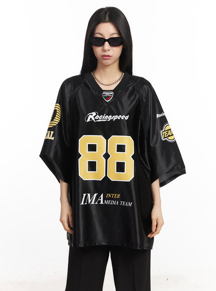 glossy-oversize-jersey-top-ca516 / Black