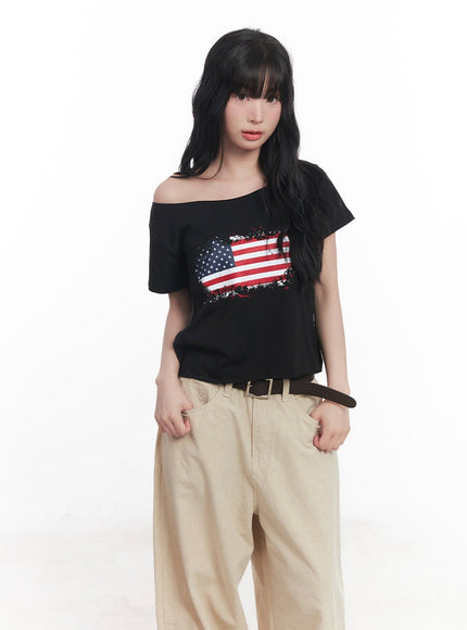 flag-graphic-off-shoulder-crop-tee-cy527 / Black
