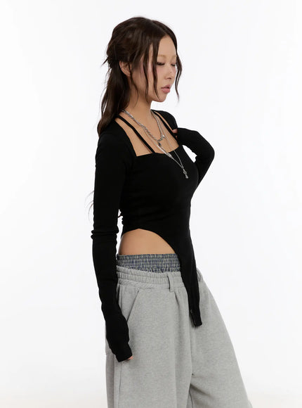 halter-neck-long-sleeve-bodysuit-cn527 / Black