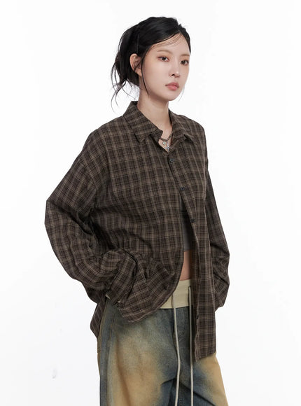 oversized-plaid-button-up-shirt-cs512 / Brown