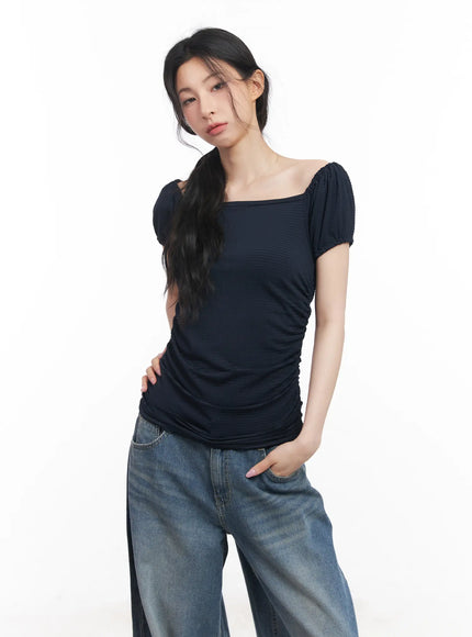 shirred-puff-sleeve-crop-top-cu511 / Dark blue