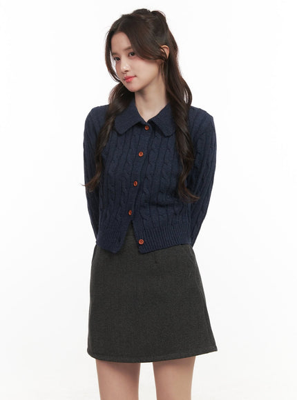cable-knit-collared-buttoned-cardigan-cj514 / Dark blue