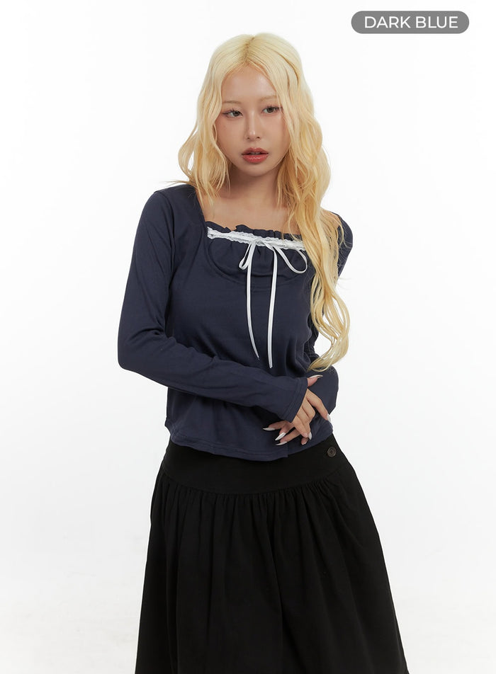 stylish-lace-ribbon-square-neck-cotton-long-sleeve-cs426 / Dark blue