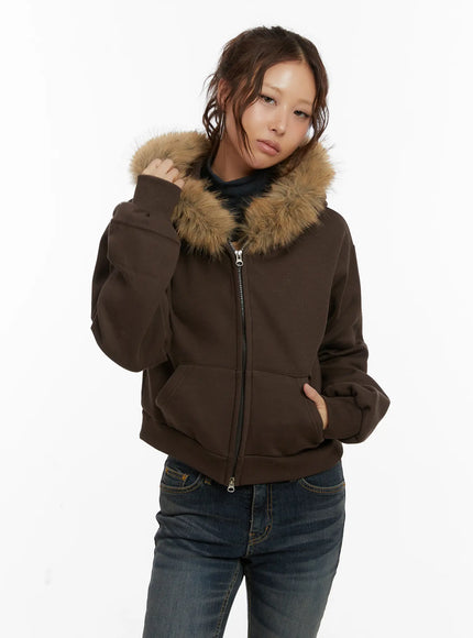 faux-fur-graphic-fleece-zip-up-hoodie-cd515 / Dark brown