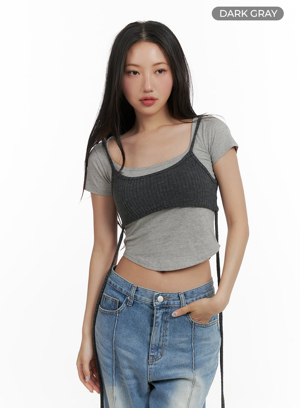 acubi-tie-waist-crop-tank-top-cy403 / Dark gray