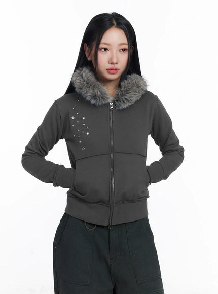 faux-fur-fleece-eyelet-crop-hoodie-cj514 / Dark gray
