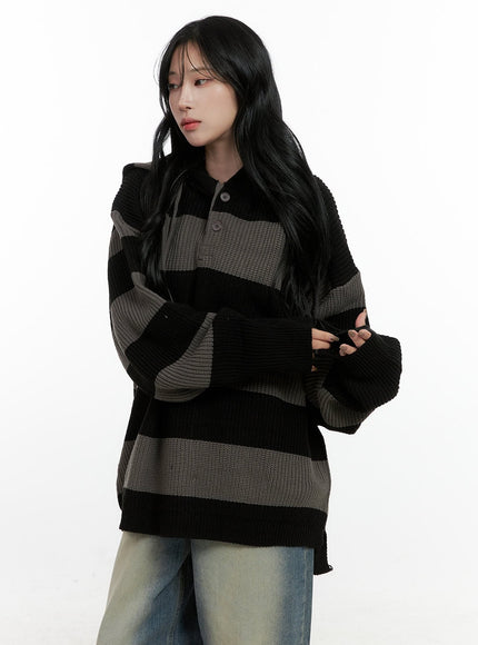 buttoned-stripe-hoodie-sweater-cn408 / Dark gray