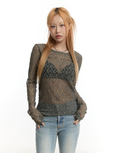 sheer-lace-long-sleeve-top-cy506 / Dark gray