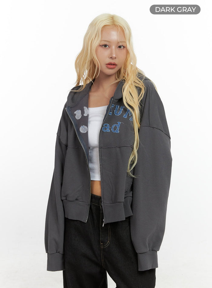 denim-embroidered-zip-up-hoodie-cs426 / Dark gray