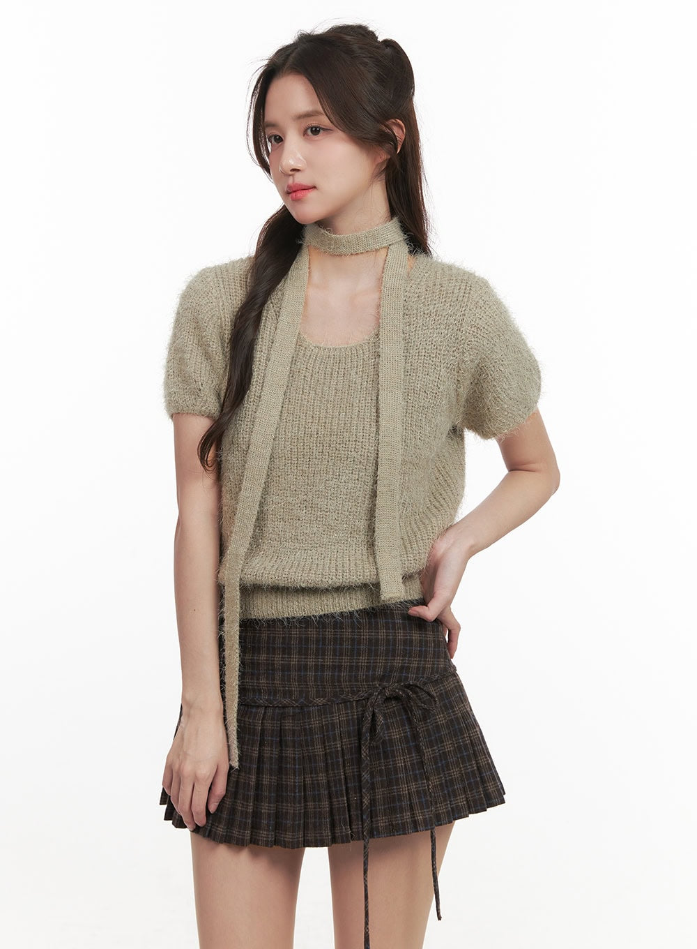 Cozy Knit Short-Sleeve Sweater with Scarf CJ514