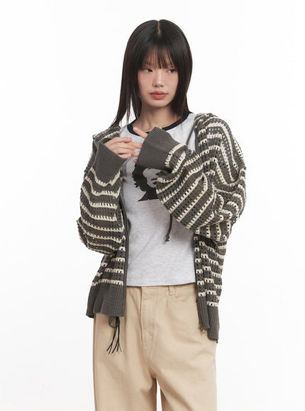 striped-zip-up-oversized-hooded-sweater-cm520 / Dark green