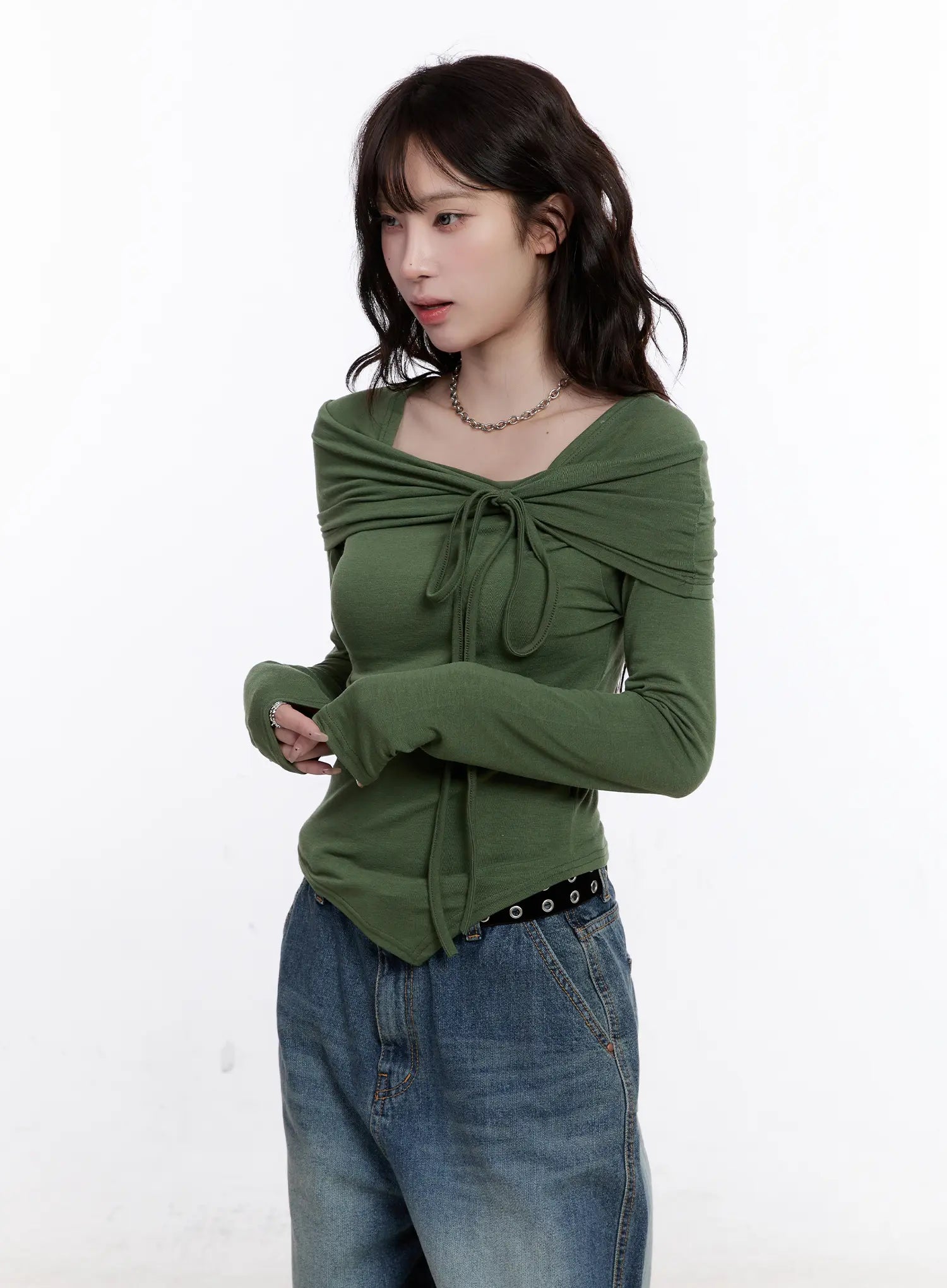 asymmetrical-tie-detail-long-sleeve-top-co501 / Dark green