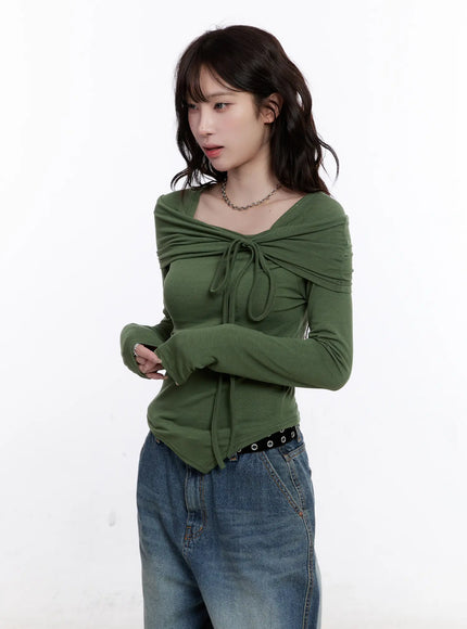 asymmetrical-tie-detail-long-sleeve-top-co501 / Dark green