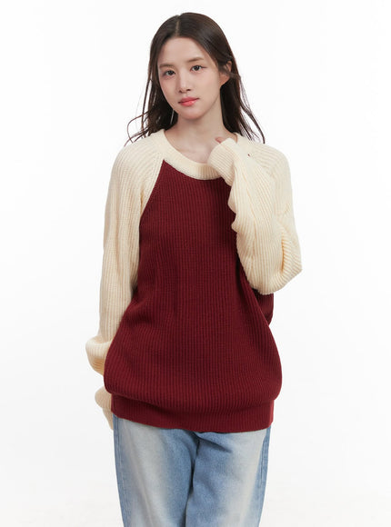 cozy-knit-contrast-sweater-cj514 / Dark red