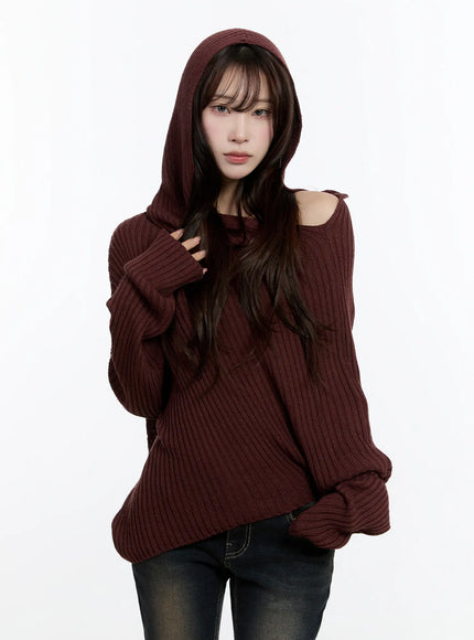 casual-asymmetrical-knit-hoodie-cn524 / Dark red