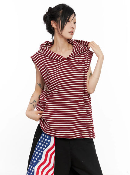 oversized-striped-sleeveless-hoodie-cl525 / Dark red