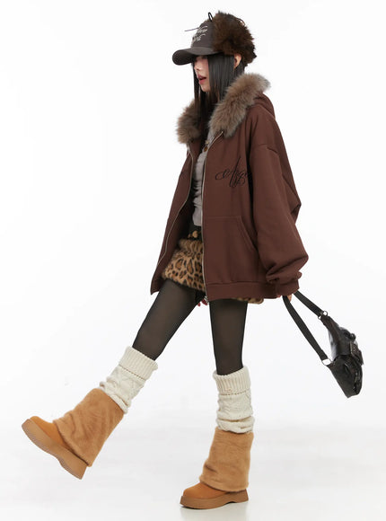 Oversized Faux Fur Fleece Zip-Up Hoodie CD529