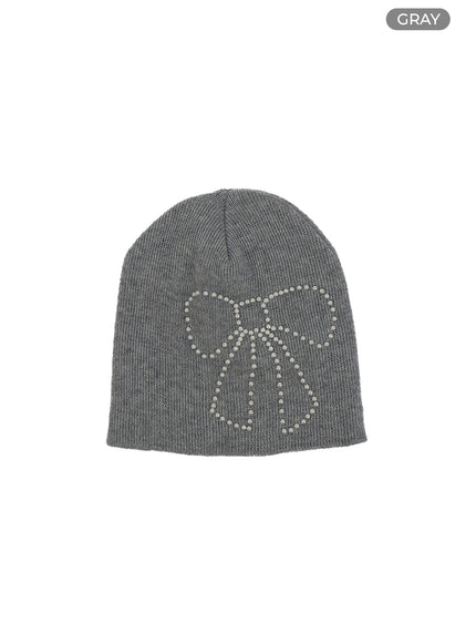 ribbon-beaded-beanie-cf428 / Gray