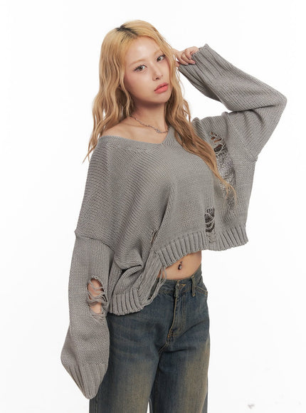 destroyed-oversized-crop-sweater-cm505 / Gray
