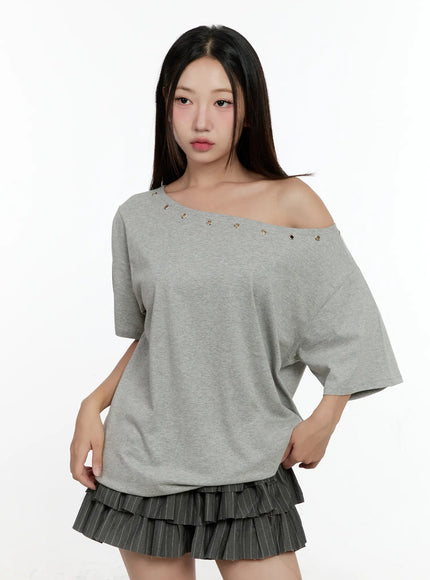 off-shoulder-eyelet-tee-cl531 / Gray