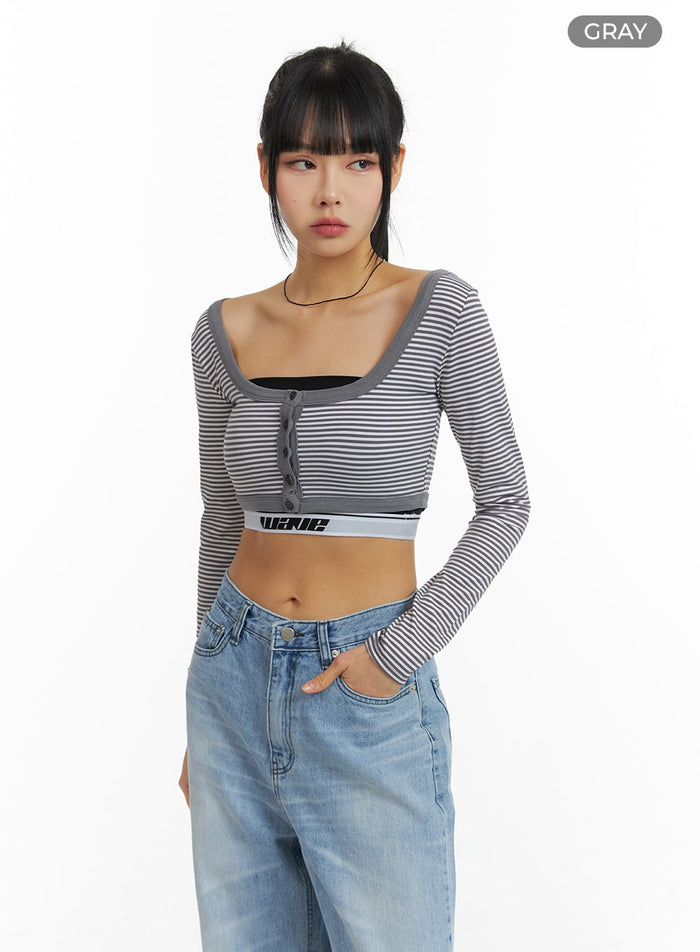 round-neck-striped-long-sleeve-crop-top-cm407 / Gray