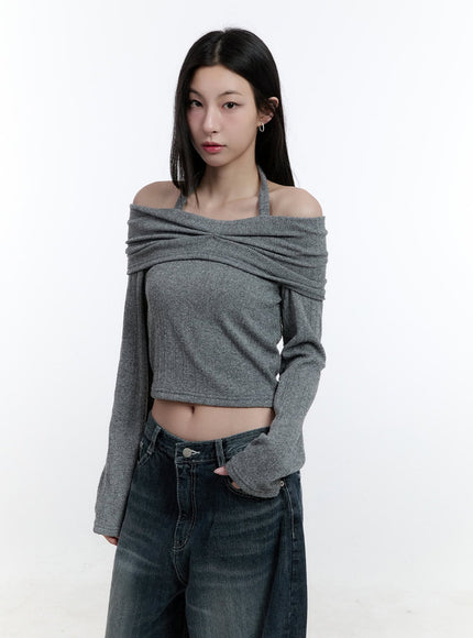 long-sleeve-off-shoulder-halter-crop-top-cj520 / Gray