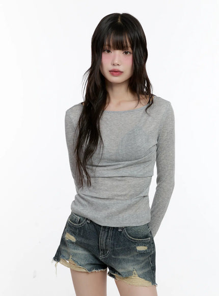 boat-neck-sheer-long-sleeve-top-cl507 / Gray