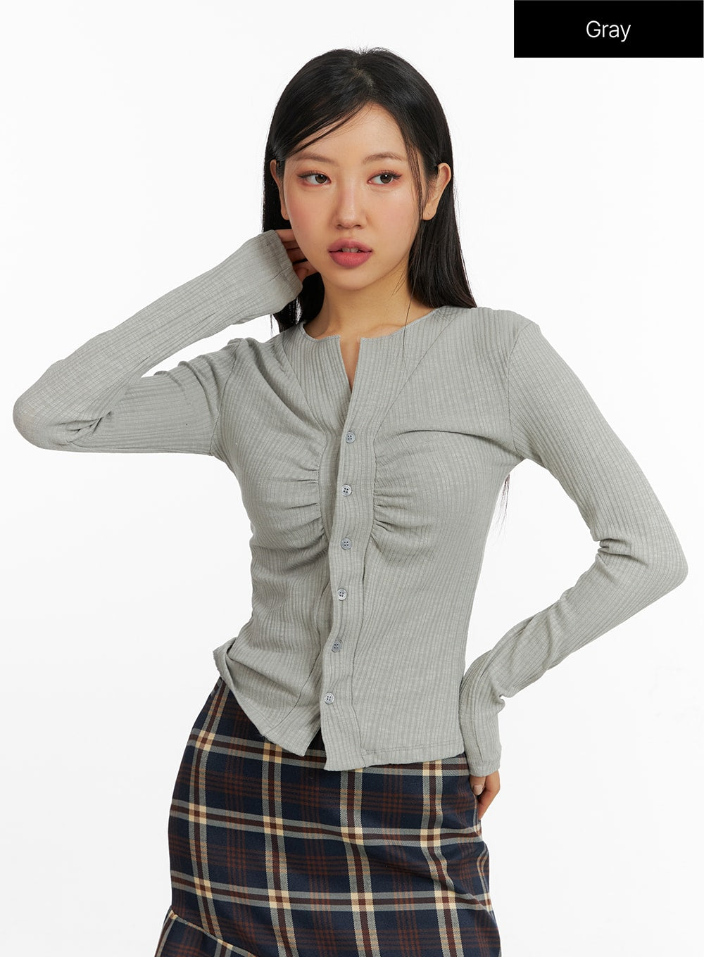 v-neck-shirred-buttoned-top-cf408 / Gray