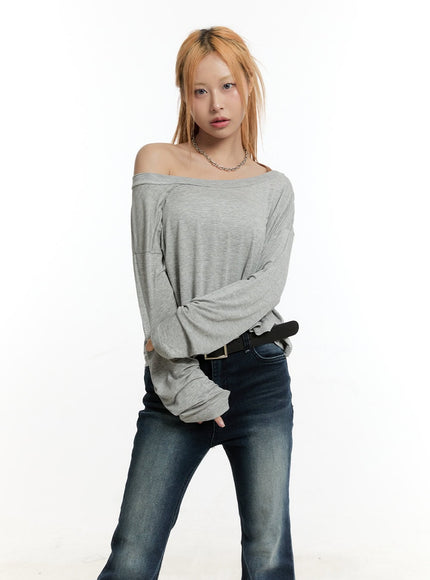 one-shoulder-long-sleeve-crop-top-cy501 / Gray
