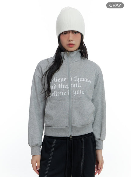 zip-up-cotton-lettered-sweatshirt-cs420 / Gray