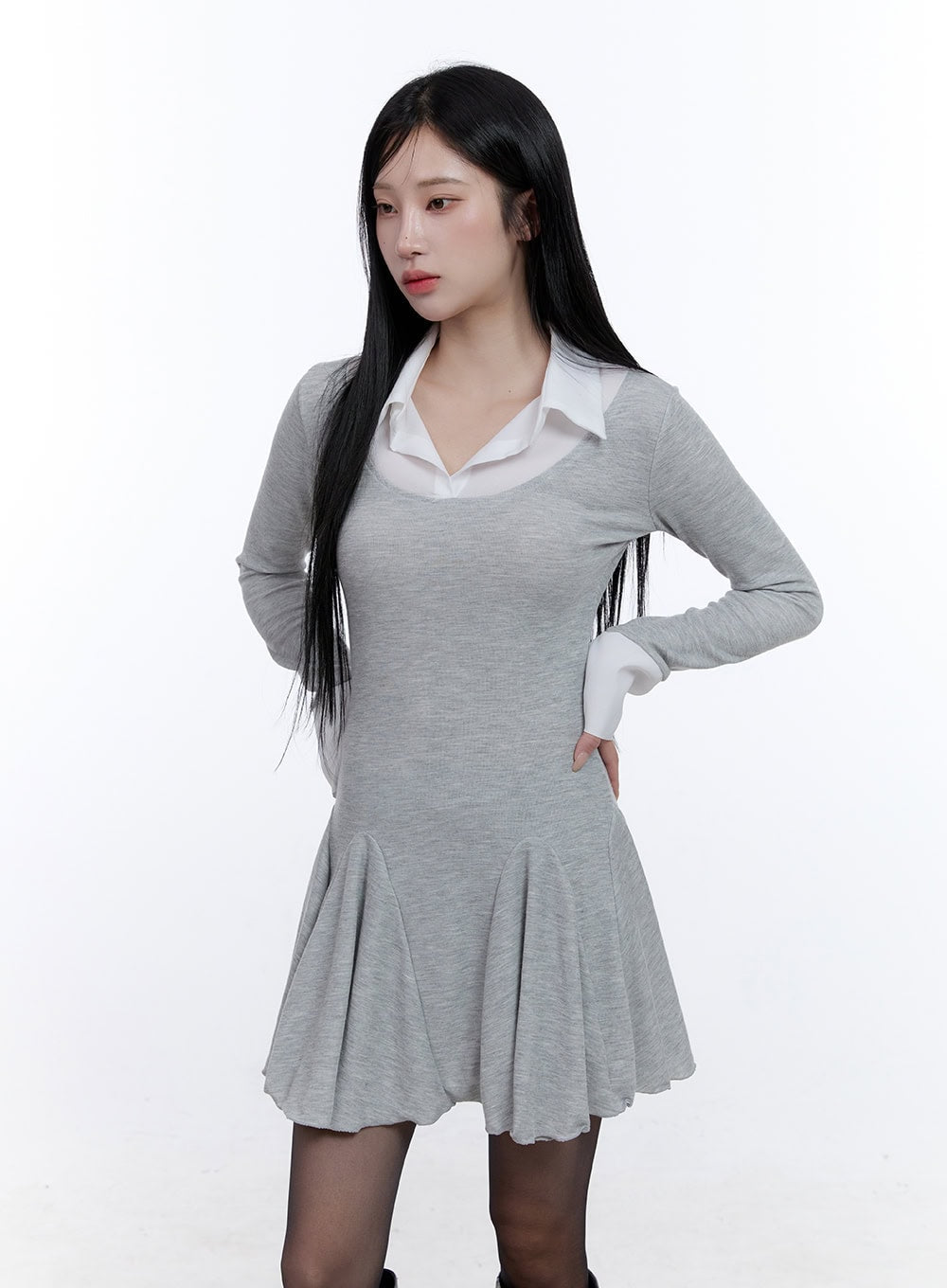 flare-collar-mini-dress-cd420 / Gray