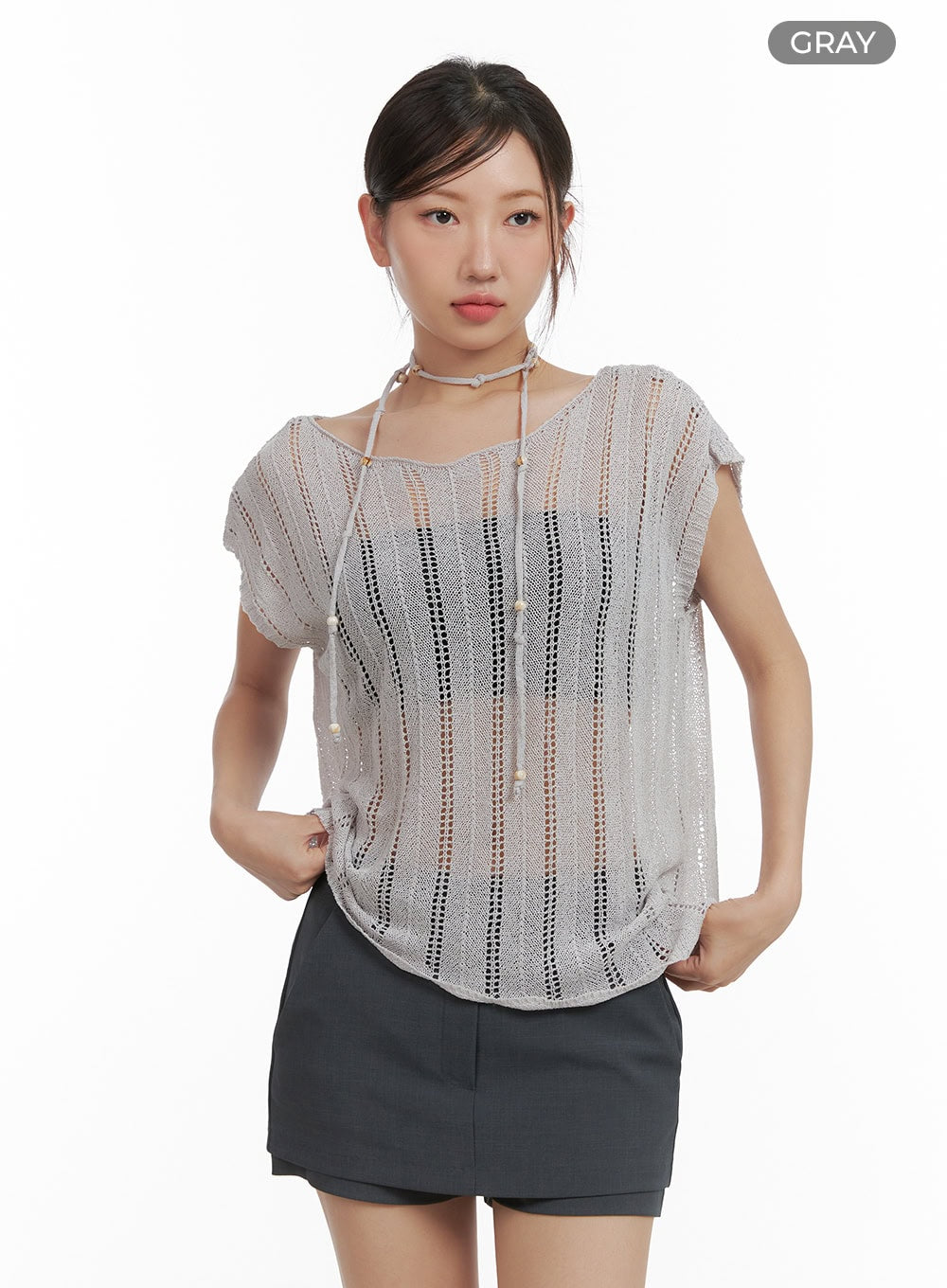 hollow-out-knit-sleeveless-cl418 / Gray