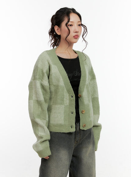 checkered-v-neck-sweater-cardigan-cn401 / Green