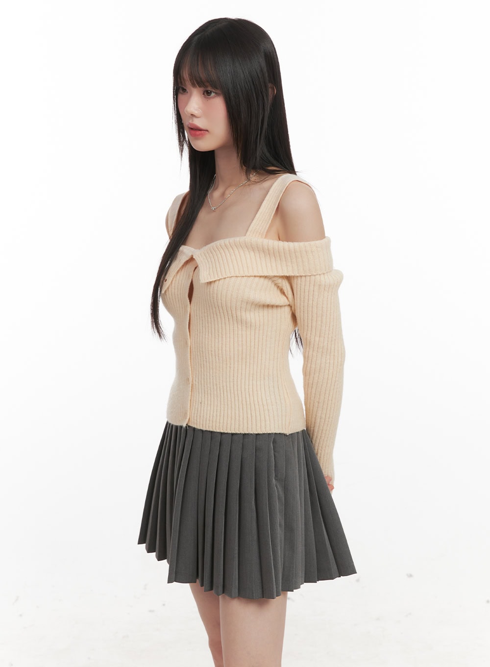 Ribbed Button-Down Off-Shoulder Sweater CJ528