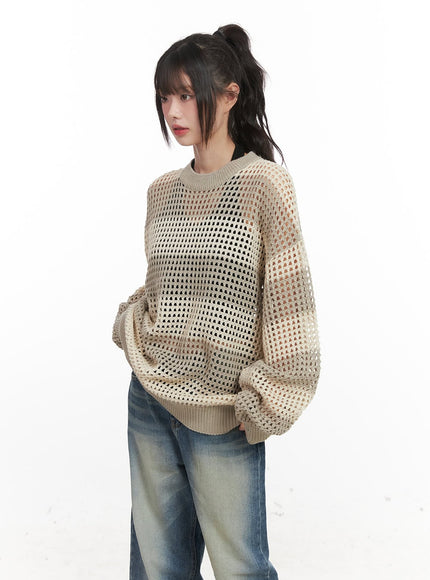 chic-striped-mesh-sweater-cj524 / Light beige